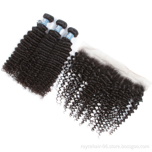 Natural Hair Color Products Kinky Curly Malaysian Hair Full Frontal Closure 13x4 with bundles
